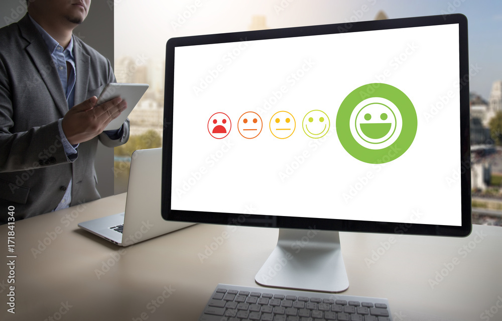 business man and woman select happy on satisfaction evaluation? And good mood smiley and evaluate business man and woman select happy on satisfaction evaluation? And good mood smiley and evaluate