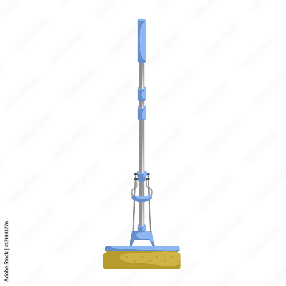 Cartoon house and apartment cleaning service icon. Modern plastic blue snonge squeeze mop. Simple colors and gradient vector illustration.