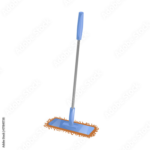 Cartoon house and apartment cleaning service icon. Modern plastic blue dry mop with handle. Simple colors and gradient vector illustration.
