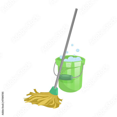 Cartoon house and apartment cleaning service icon. Old dry mop with handle and green plastic bucket with bubbles. Simple colors and gradient vector illustration.