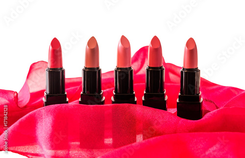 Set of beautiful lipsticks isolated on white background