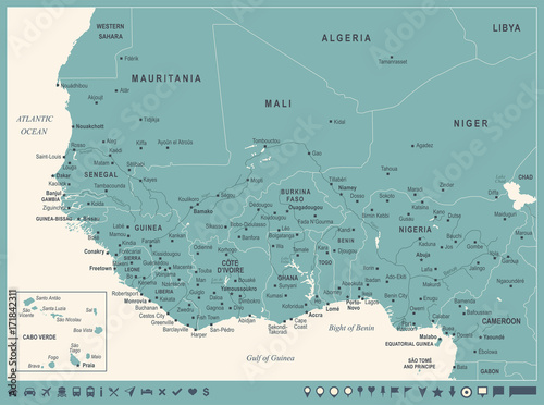 West Africa Map - Vintage Vector Illustration
