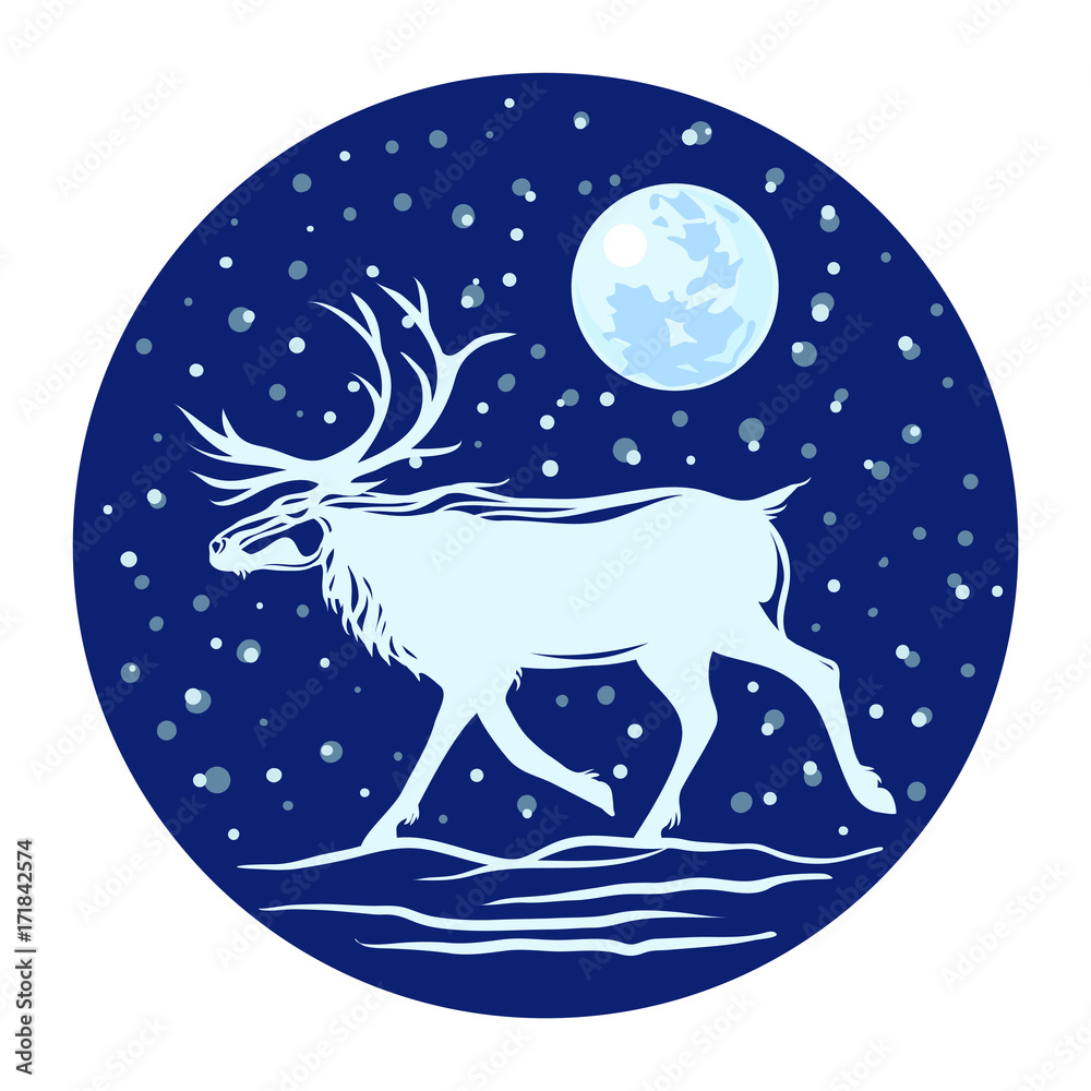 Silhouette of a reindeer with horns against the background of the night sky and the moon