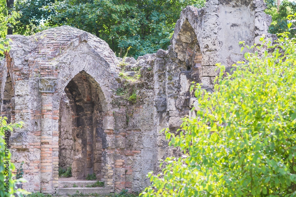 Old brick wall of the old ruined abandoned castle. Ancient brickwork Old brick wall of the old ruined abandoned castle. Ancient brickwork
