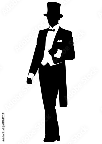 Man in dress coat and a top hat on a white background