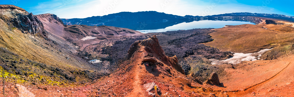 Naklejka premium Panoramic view of Askja caldera in highlands of Iceland, summer