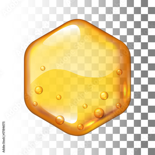 Realistic vector honey drop. Hexagon on transparent background