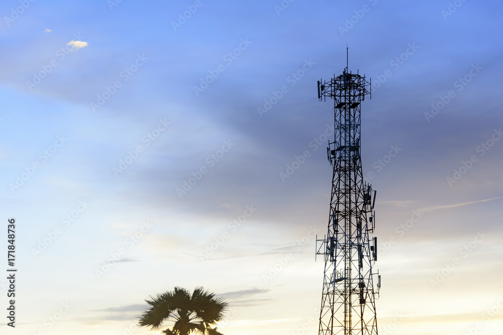 The silhouette scene of telecommunication tower with the twilight sky.
