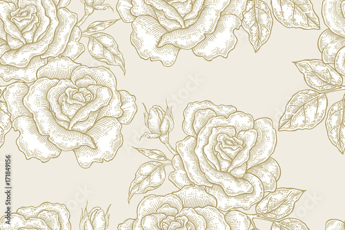 Seamless pattern with white rose flowers on gold background. Vector illustration for fabrics, gift packaging, textiles and card design
