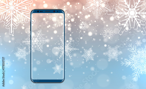 martphone, mobile phone over christmas, winter background with snowflakes