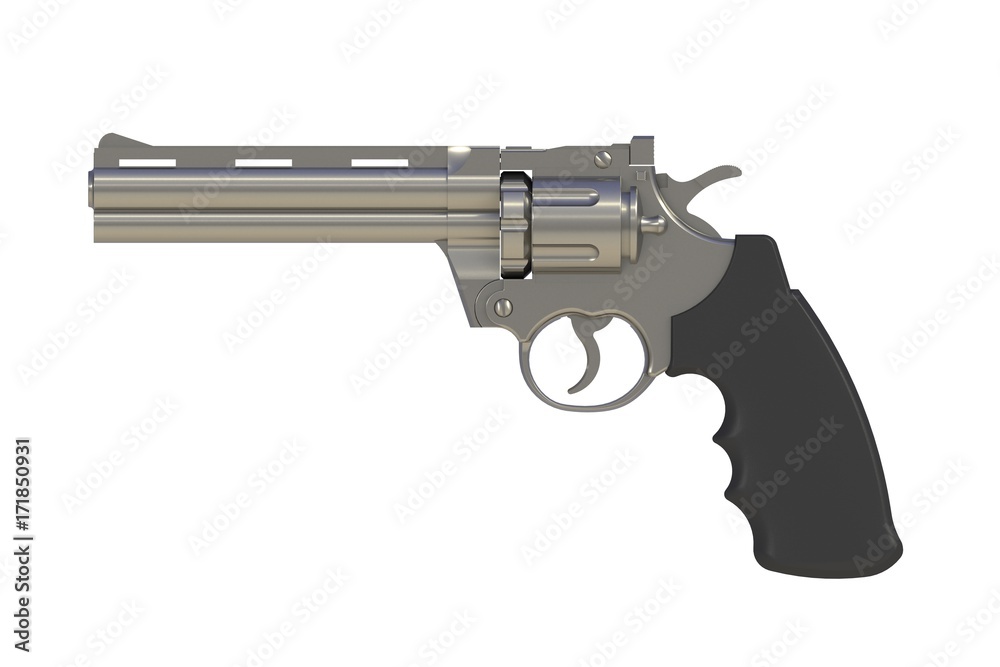 Beside view of chromium revolver 357 magnum isolated on white background, 3D rendering Beside view of chromium revolver 357 magnum isolated on white background, 3D rendering