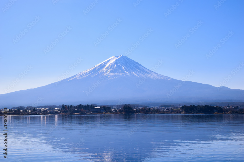 Mount Fuji view with Lake Kawaguchi and blue sky background in Kawaguchiko, Japan
