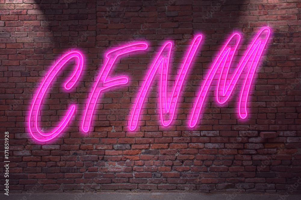 Leuchtreklame Clothed Female, Naked Man (CFNM) an Ziegelsteinmauer