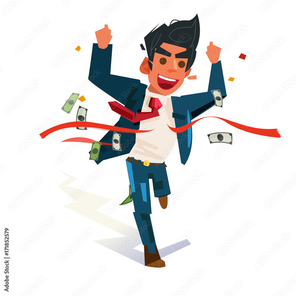 Businessman crossing finish line with money, won a competition. Success Concept. vector illustration
