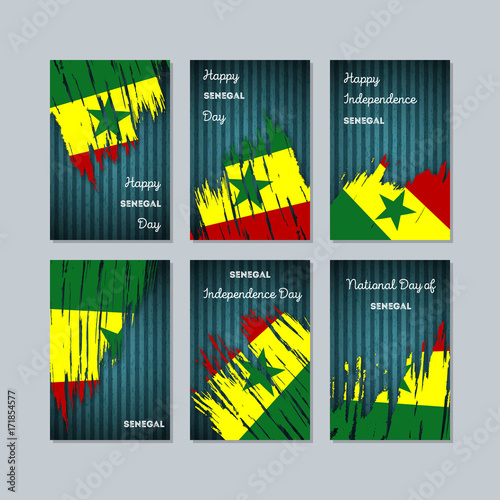 Senegal Patriotic Cards for National Day. Expressive Brush Stroke in National Flag Colors on dark striped background. Senegal Patriotic Vector Greeting Card.