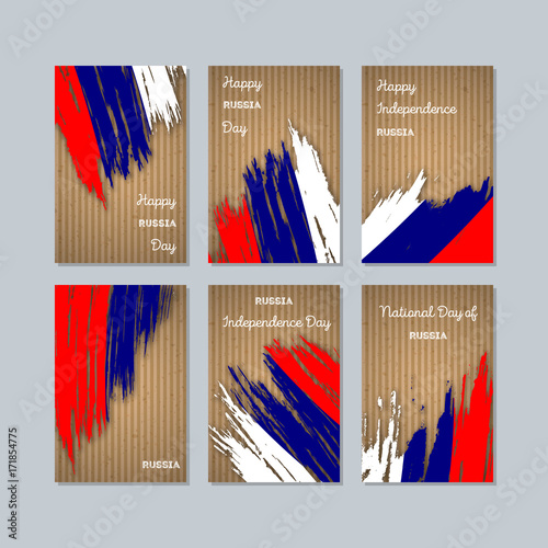 Russia Patriotic Cards for National Day. Expressive Brush Stroke in National Flag Colors on kraft paper background. Russia Patriotic Vector Greeting Card.