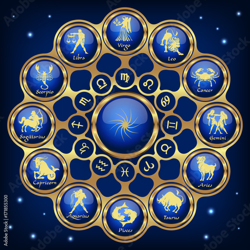 Blue neon horoscope circle.Circle with signs of zodiac.Vector