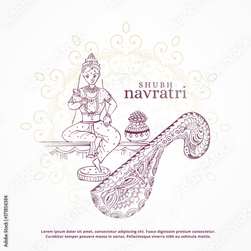 shubh navratri festival design with goddess and kalash
