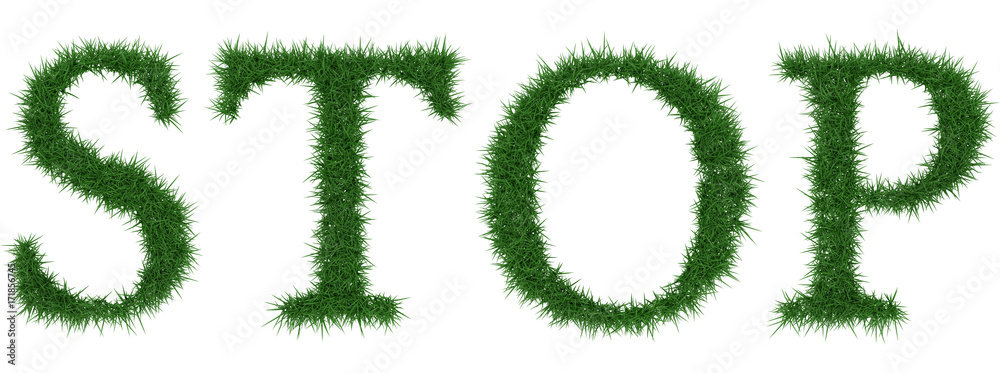 Stop - 3D rendering fresh Grass letters isolated on whhite background. Stop - 3D rendering fresh Grass letters isolated on whhite background.