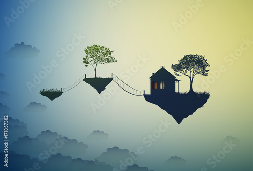 house and tree on flying rock, where the god lives, home on the heavens,