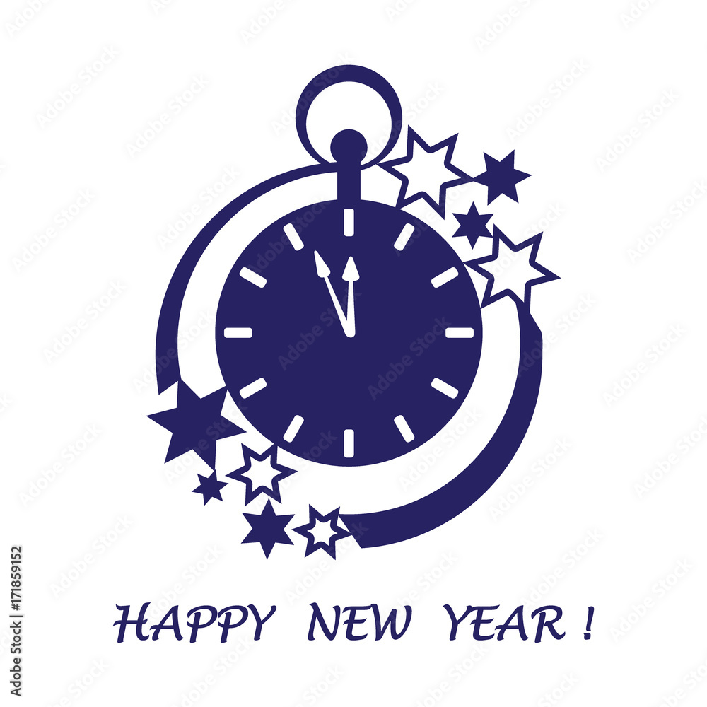 Clock with arrows showing a few minutes until midnight and stars.
