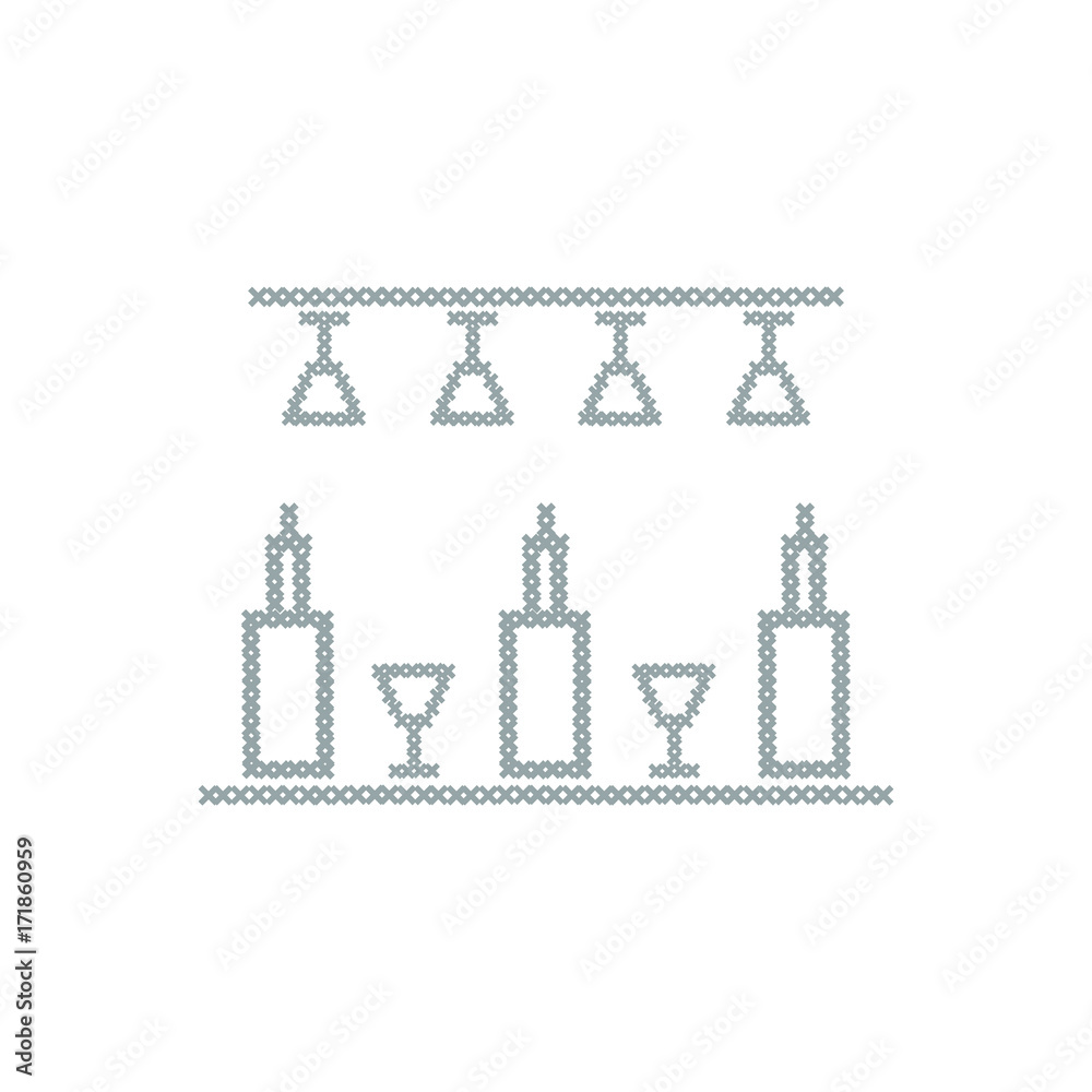 Cute vector illustration cross embroidery of bar. Bottles and glasses. Cute vector illustration cross embroidery of bar. Bottles and glasses.