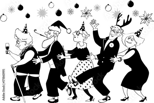 Group of active seniors dancing conga line at Christmas or New Year party, EPS 8 vector illustration, black outline, no white objects