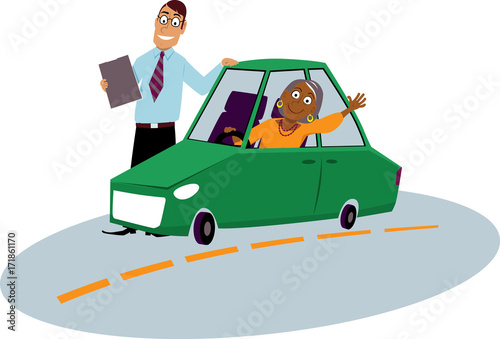 Mature immigrant woman driving school student sitting in the car driving instructor standing next to him, EPS 8 vector illustration