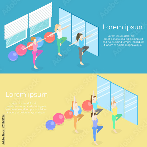 Isometric interior of yoga class. people do yoga.