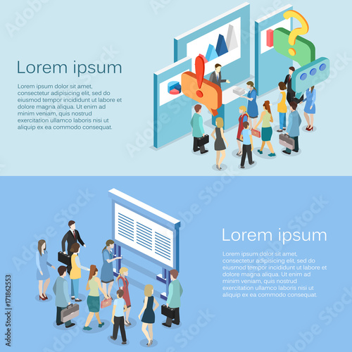 Isometric flat 3D concept vector exhibition or promotion stand.