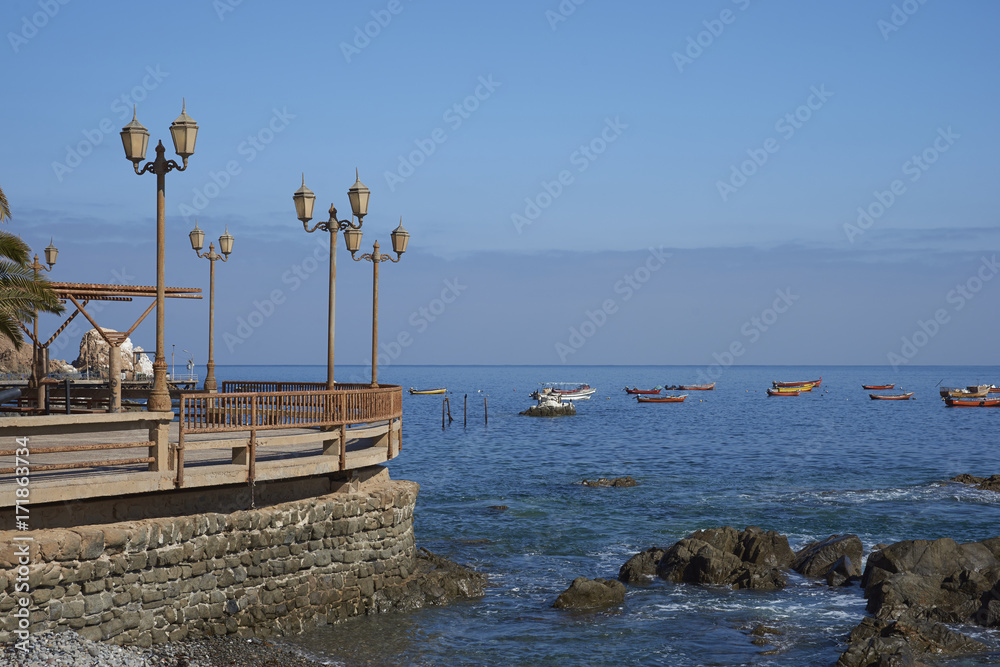 Waterfront of the historic coastal town of Pisagua in the Tarapaca Region of northern Chile.