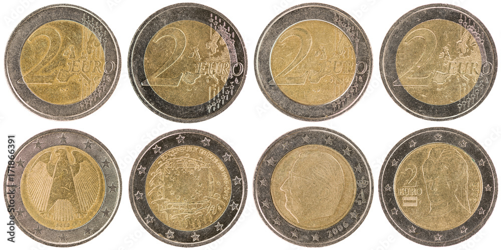 European 2 Euro Coins (front and back) isolated on white background European 2 Euro Coins (front and back) isolated on white background