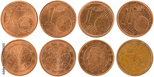 European 1 Cent Coins (front and back) isolated on white background