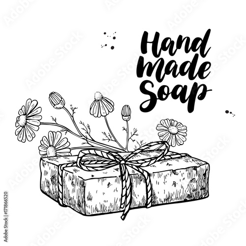 Handmade natural soap. Vector hand drawn illustration of organic cosmetic with chamomile medical flowers
