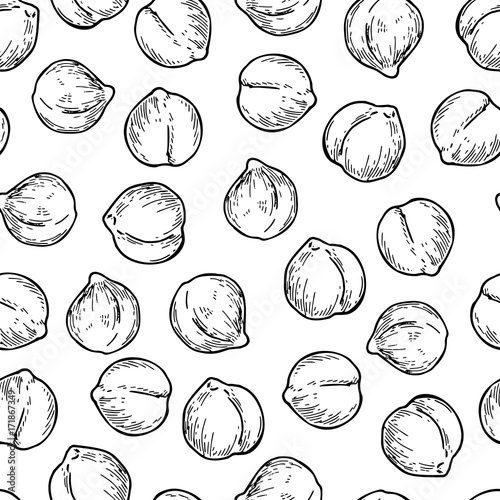 Chickpeas hand drawn vector seamless pattern. Isolated Vegetable engraved style background. Detailed vegetarian food drawing. photo