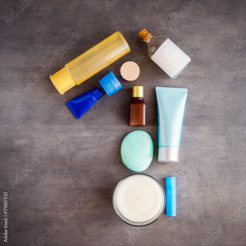 Number one made of beauty products. Flat lay. Anniversary, celebration concept