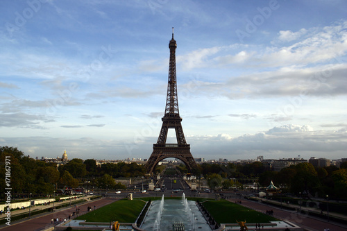 Eiffel tower construction, blue sky 