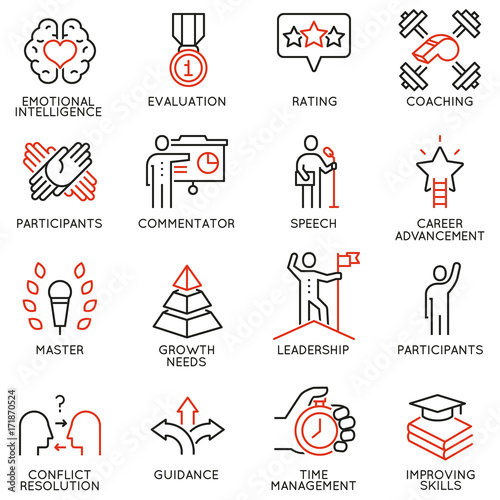Vector set icons related to career progress, corporate management, business people training and professional consulting service. Mono line pictograms and infographics design elements - part 4