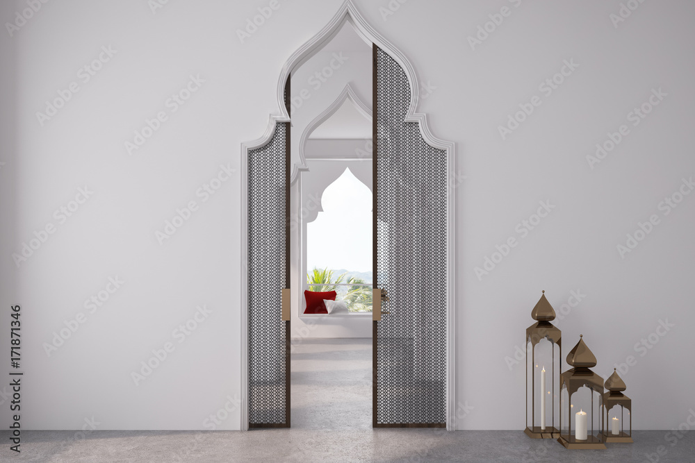 Fototapeta premium Empty room, Arabic style doors, candles