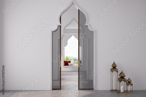 Empty room, Arabic style doors, candles