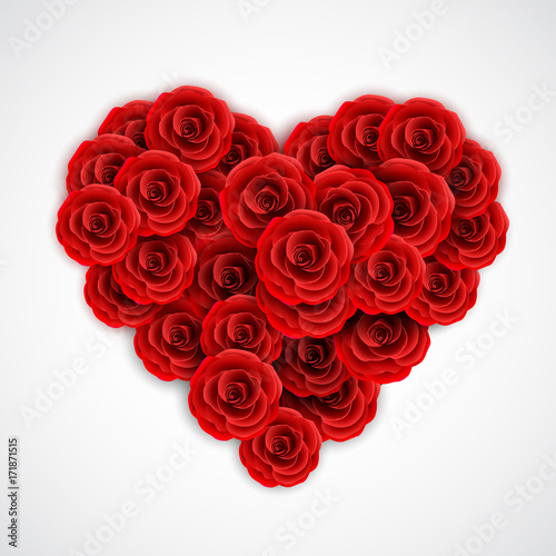 Red roses in form of heart. Rose decoration element for wedding invitation  postcard  greeting card or valentine day banner. Flower heart bouquet. Romantic element.