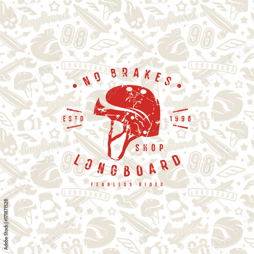 Seamless pattern with image of longboarding equipment