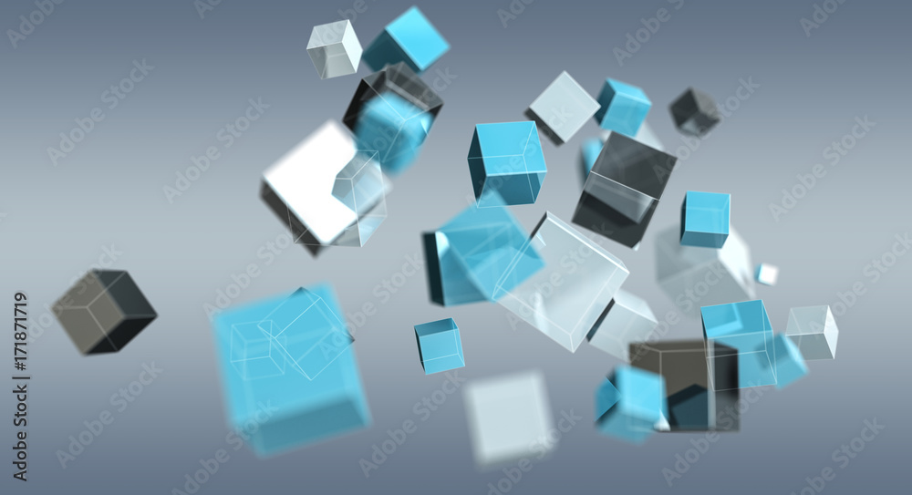 Floating blue shiny cube network 3D rendering Floating blue shiny cube network 3D rendering