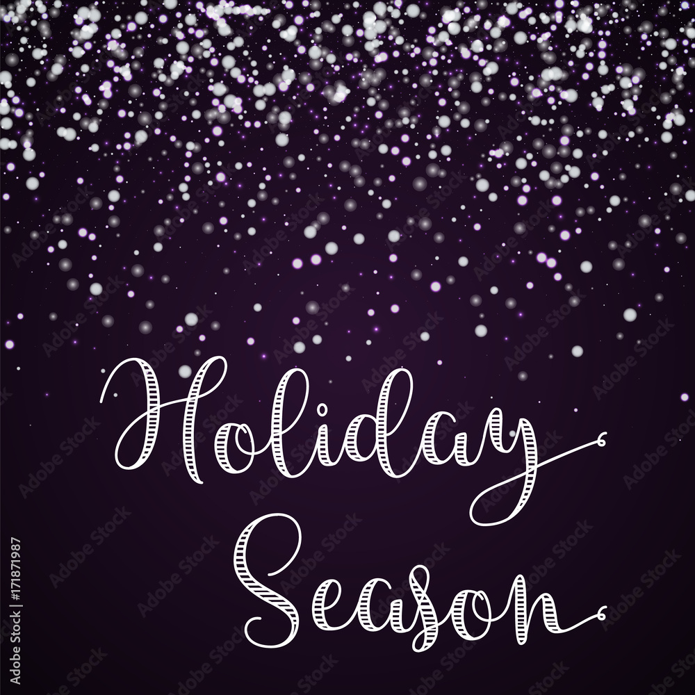 Holiday Season greeting card. Amazing falling snow background. Amazing falling snow on deep purple background. Magnificent vector illustration.