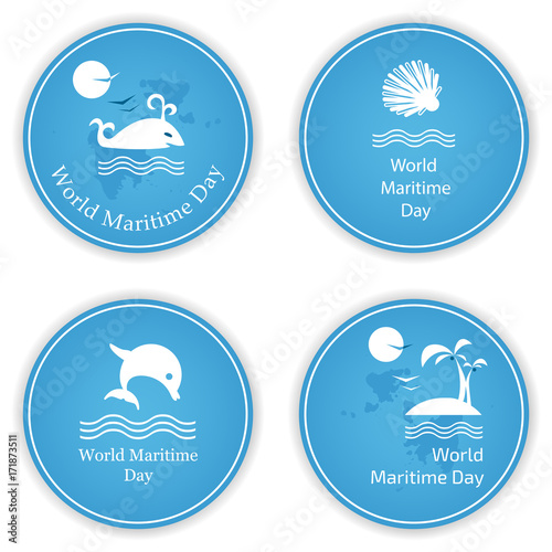 Set of four round icons on the theme of the World Maritime Day. Vector illustration