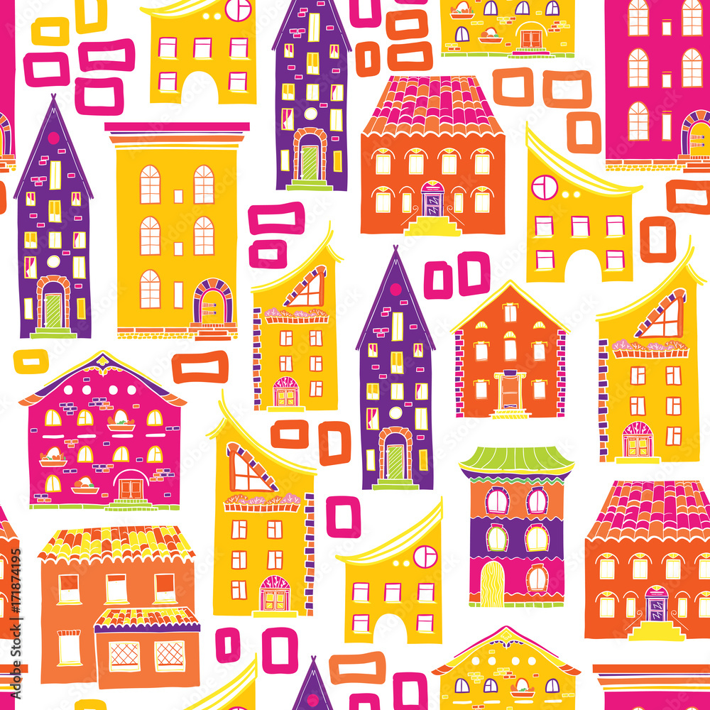 Bright colored seamless pattern with houses, doodle house vector background, cute colorful houses in cartoon style, EPS 8 Bright colored seamless pattern with houses, doodle house vector background, cute colorful houses in cartoon style, EPS 8