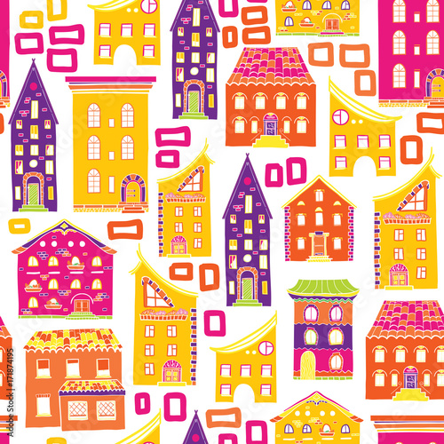 Bright colored seamless pattern with houses, doodle house vector background, cute colorful houses in cartoon style, EPS 8