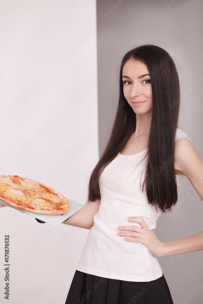 Diet And Fast Food Concept. Overweight Woman Standing On Weighing Scale Holding Pizza. Unhealthy Junk Food. Dieting, Lifestyle. Weight Loss. Obesity