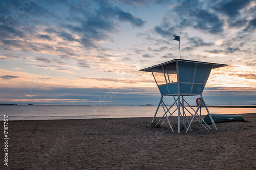 Lifeguard Tower on the Beach at Sunset during the Summer in Finland