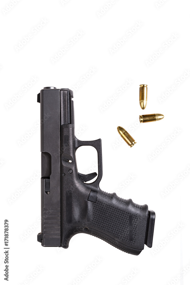 Black Gun with Bullets on White Background